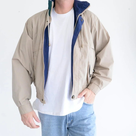 Vintage Munsingwear Tan & Navy Zip Up with Hidden Hood Utility Jacket Size Small - Picture 2 of 11